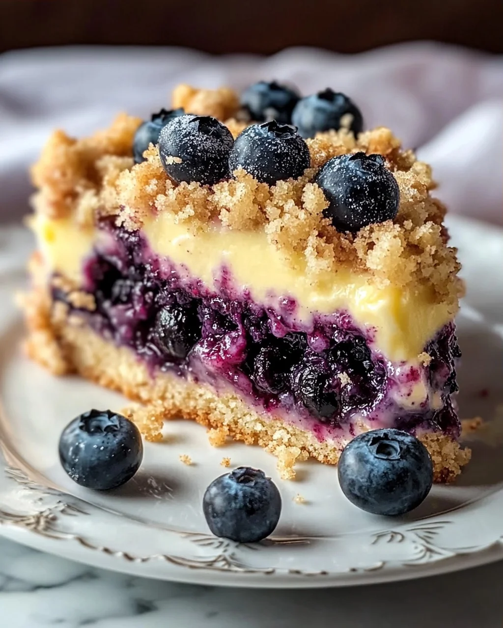 Blaubeerkuchen mit Pudding und Streusel