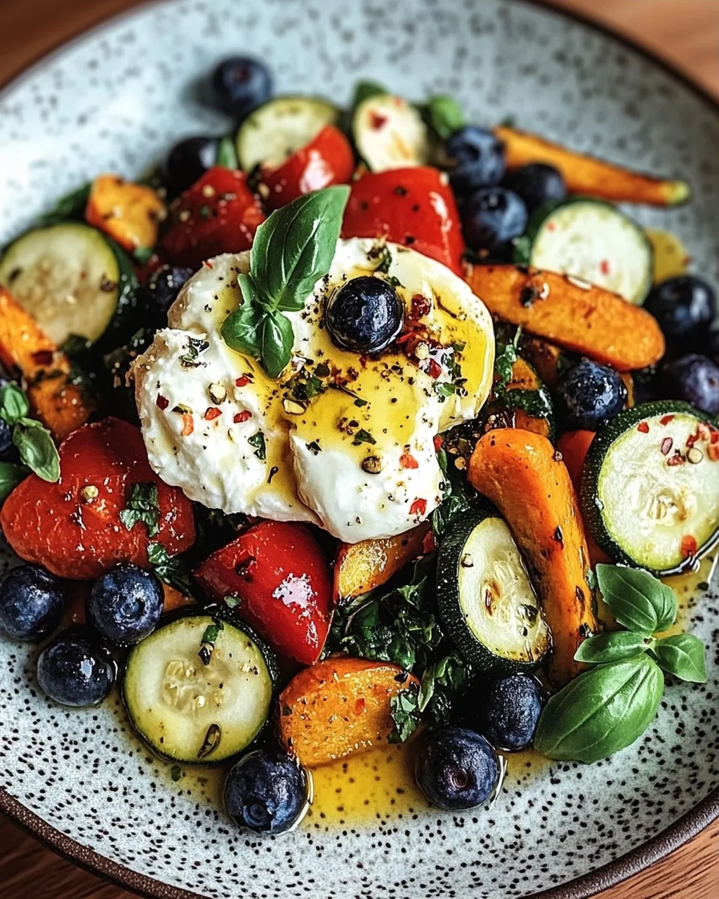 Burrata-Salat mit Ofengemüse und Blaubeeren