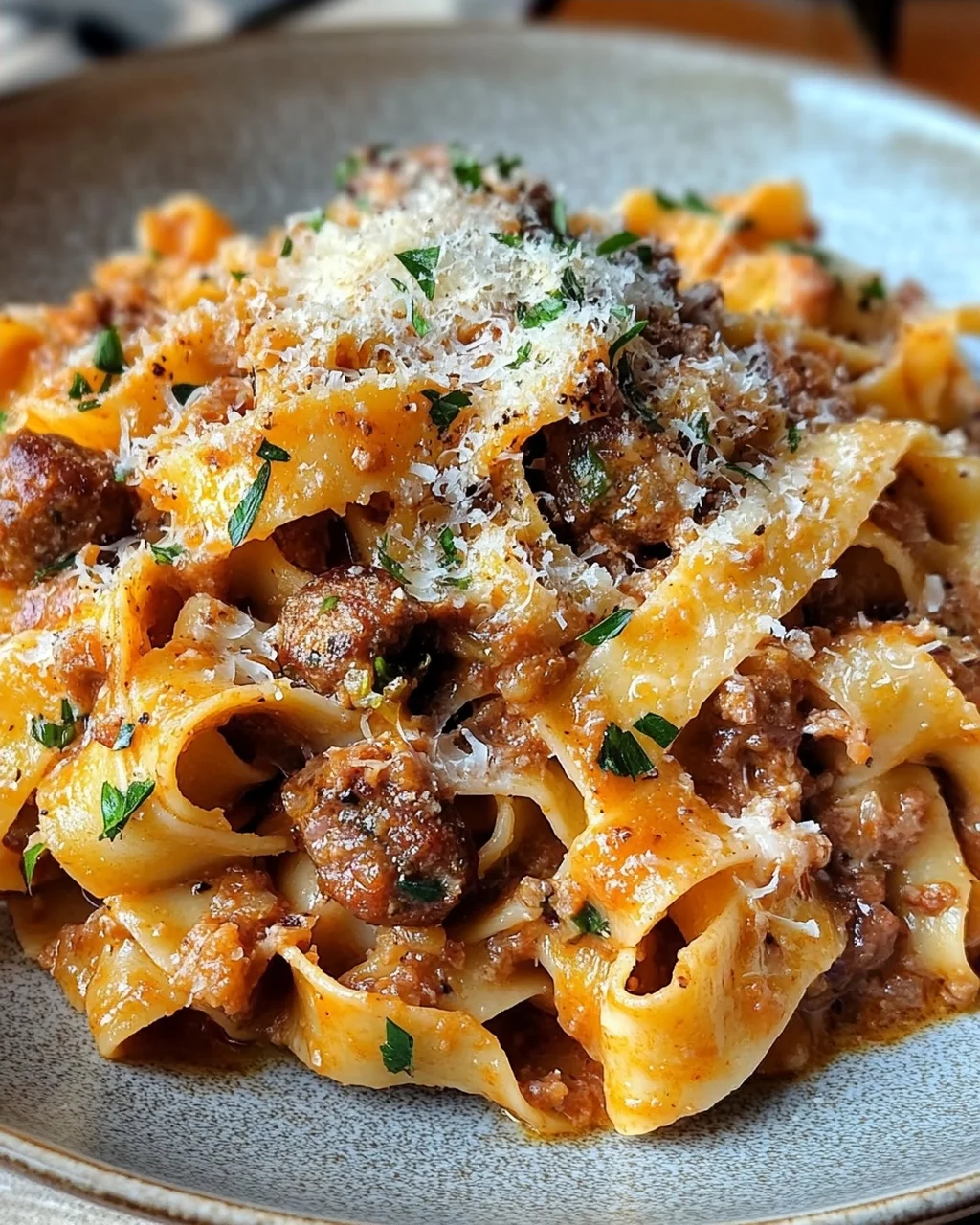 Cremige kalabrische Chili-Pappardelle mit Wurst und Fenchel