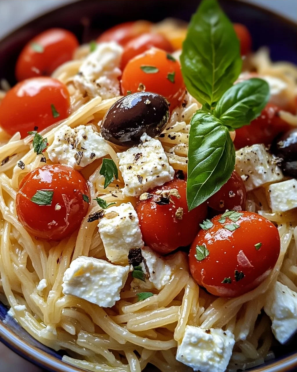 Griechische Reisnudeln mit Tomaten, Feta und Oliven
