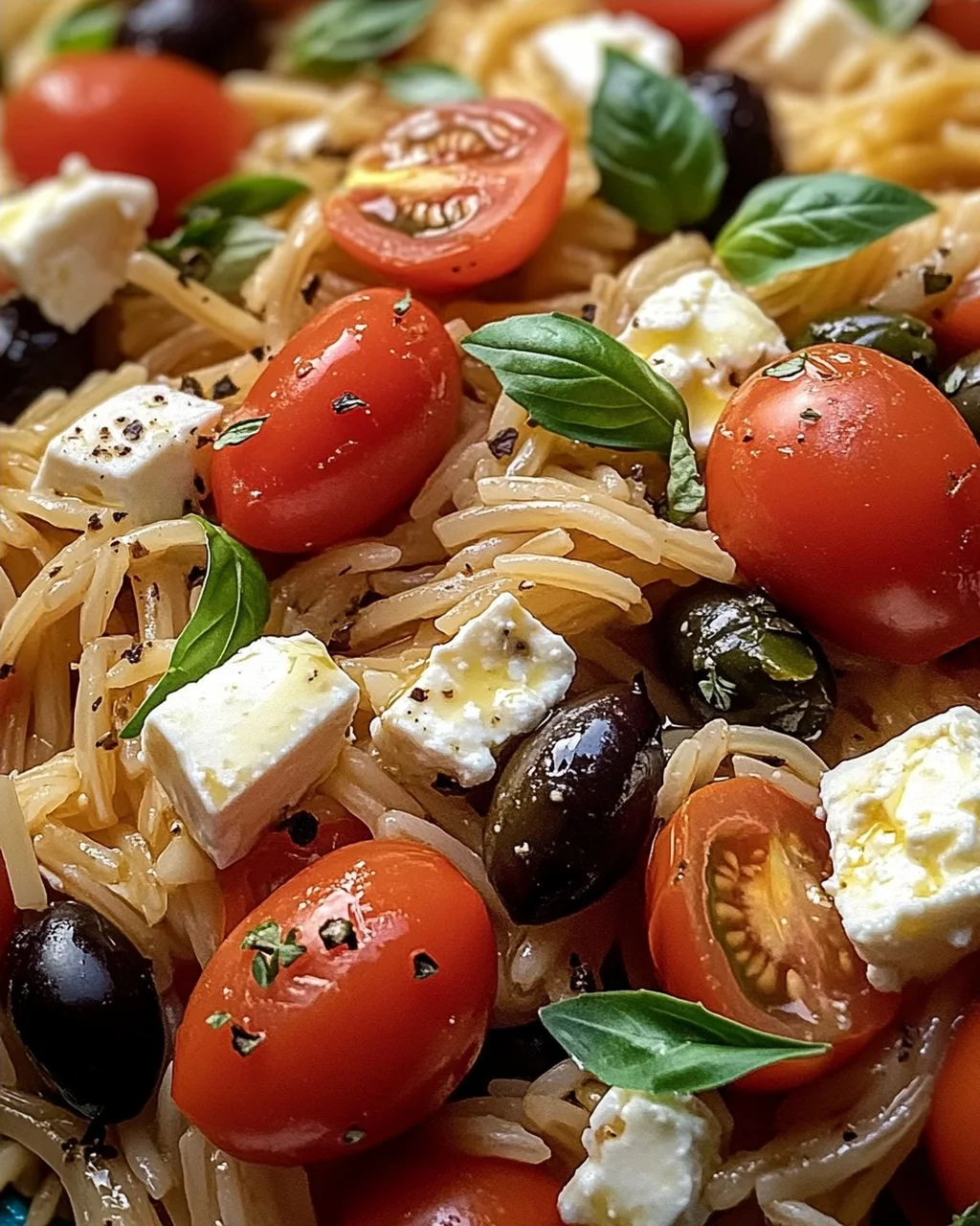 Griechische Reisnudeln mit Tomaten, Feta und Oliven