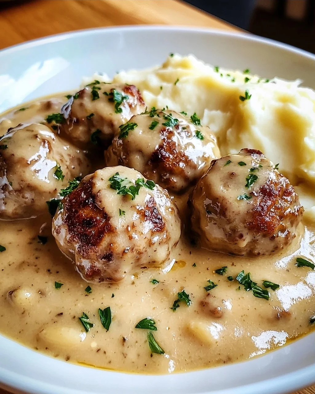 Hackbällchen in cremiger Sauce mit Kartoffelpüree