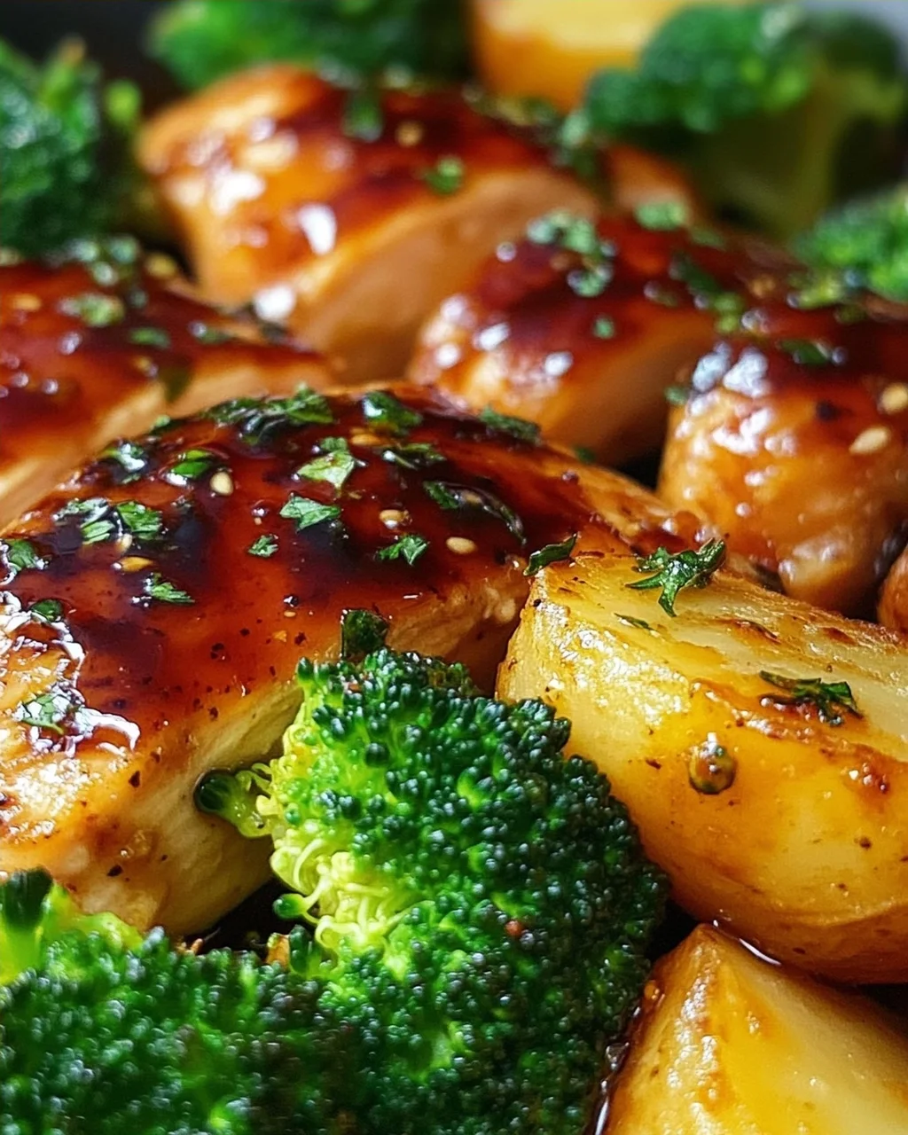 Honig-Knoblauch-Hähnchen mit Brokkoli und Kartoffeln aus dem Ofen