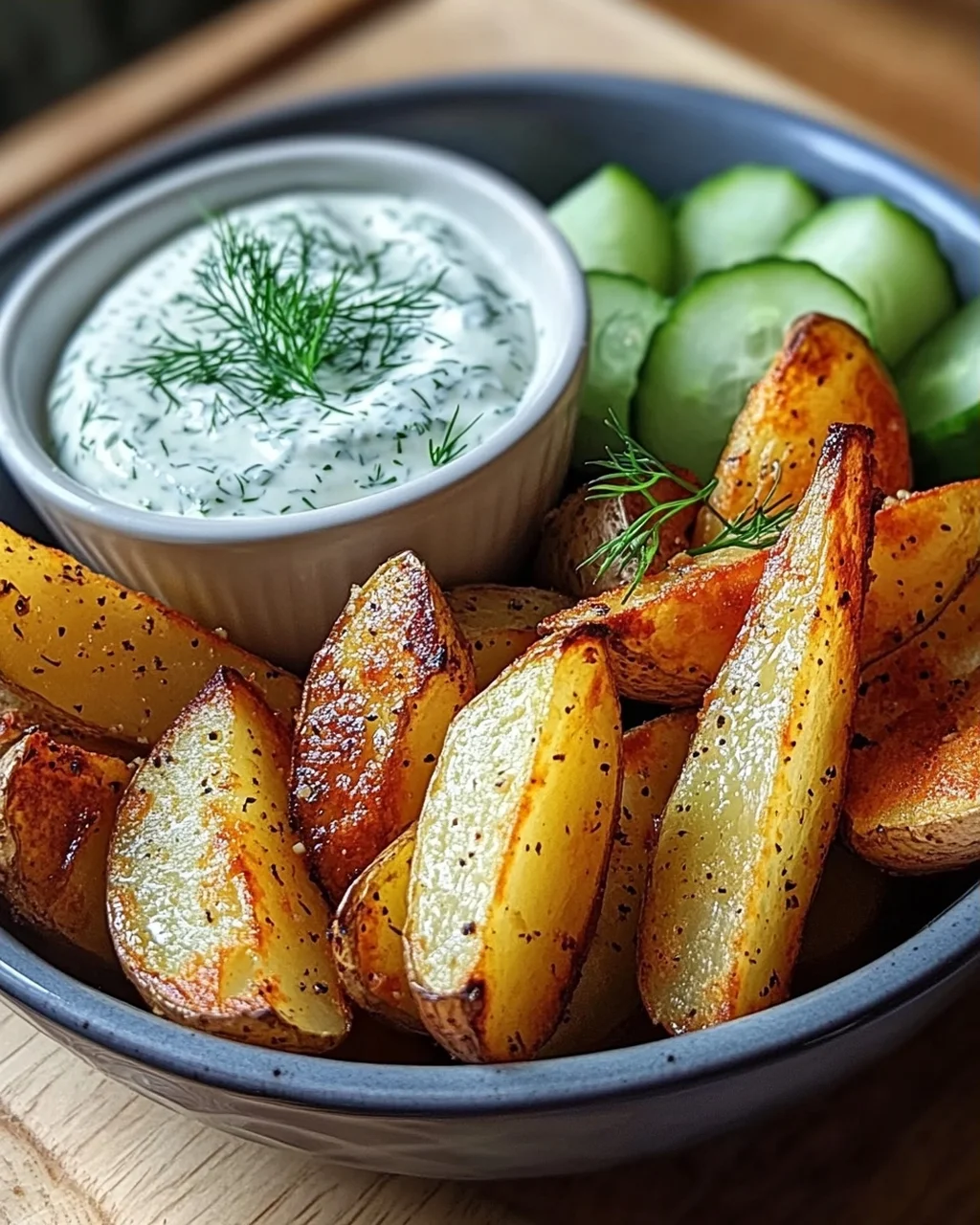 Kartoffelspalten mit Gurkendip