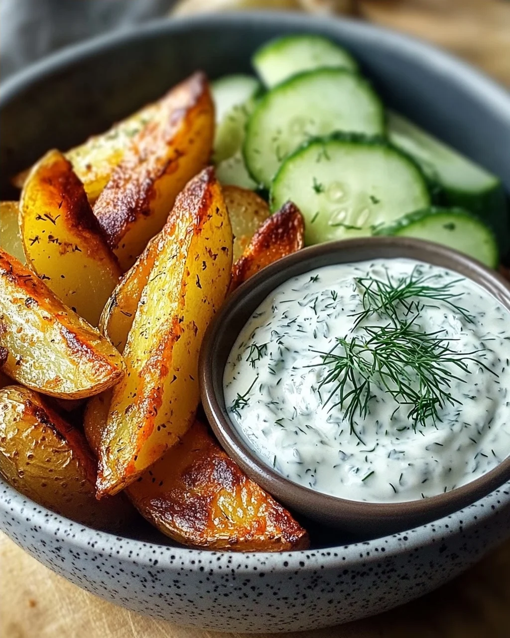 Kartoffelspalten mit Gurkendip