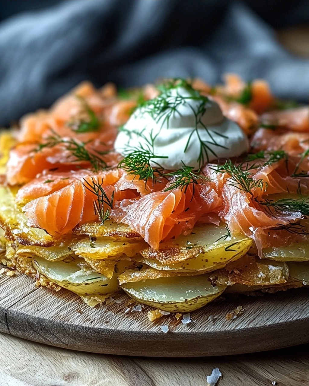 Knusprige Kartoffelgalette mit Räucherlachs und Crème Fraîche