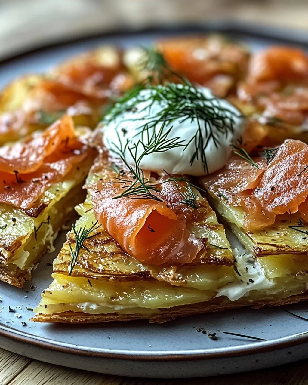 Knusprige Kartoffelgalette mit Räucherlachs und Crème Fraîche