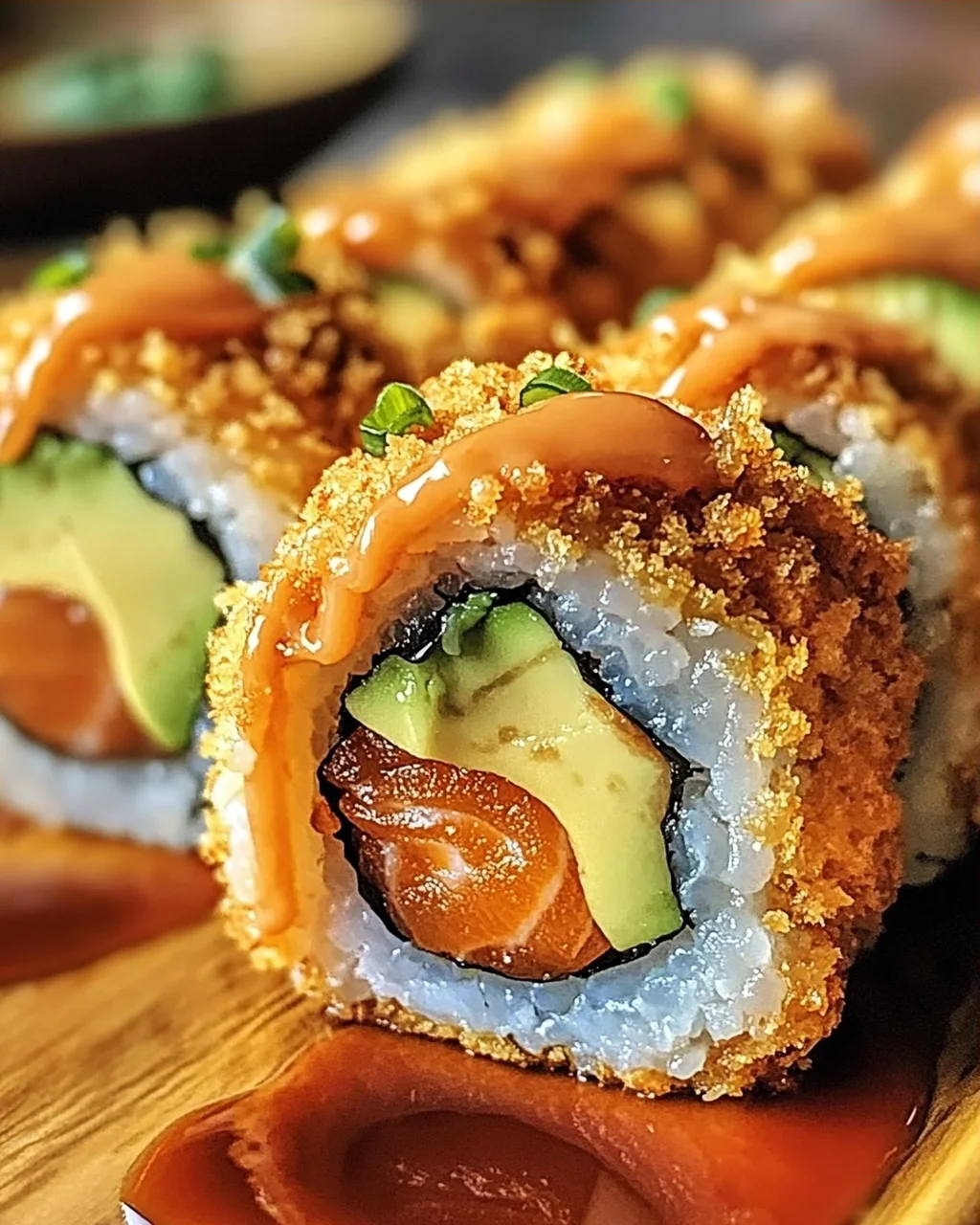 Knusprige frittierte Lachs- und Avocado-Rollen genießen