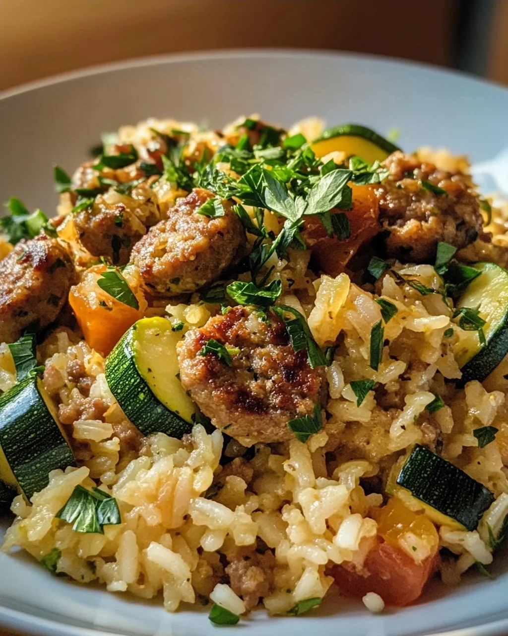 Mediterraner Wurst Reis: Lecker mit Zucchini & Kräutern!