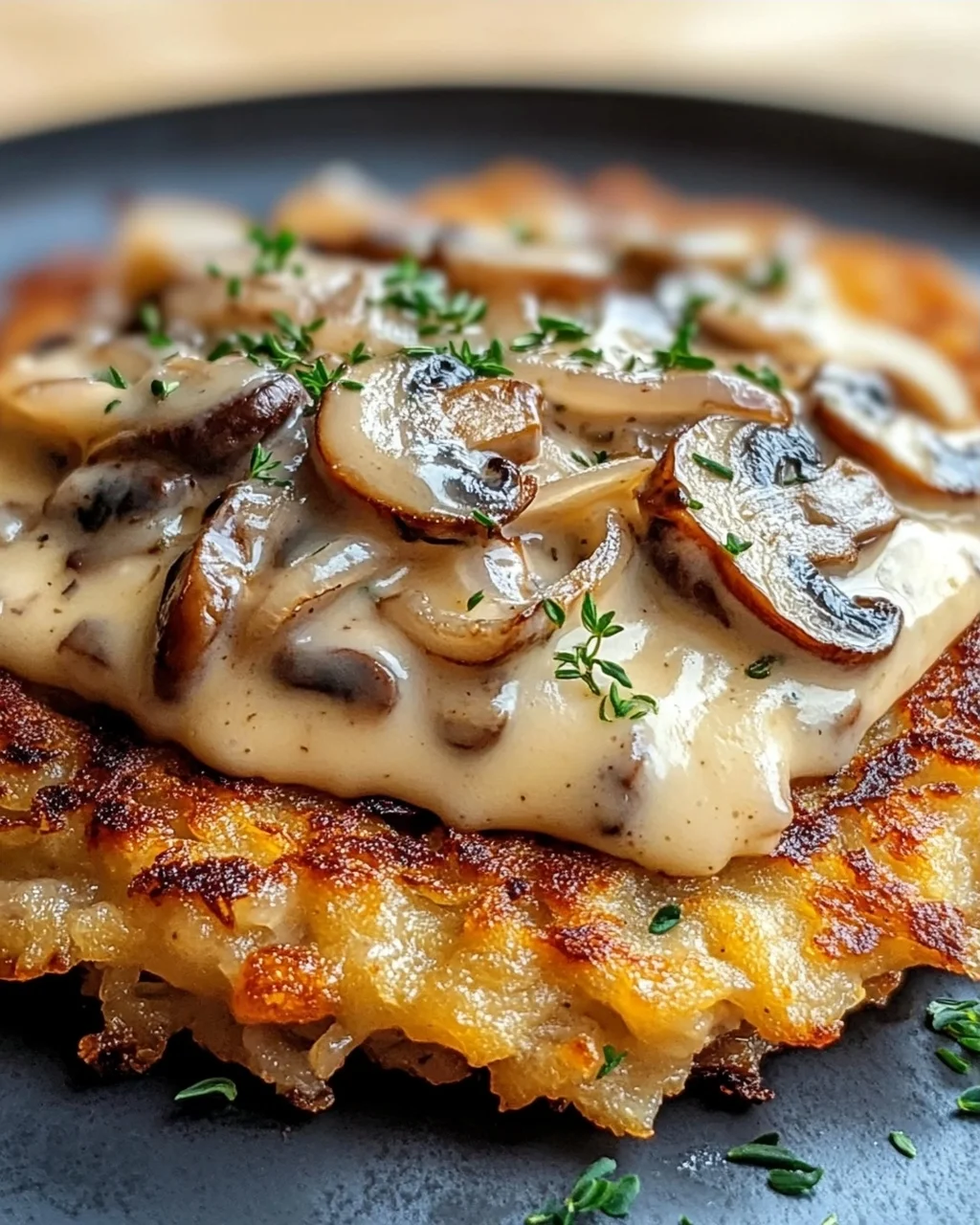 Mozzarella Rösti mit Zwiebel-Pilzrahmsoße