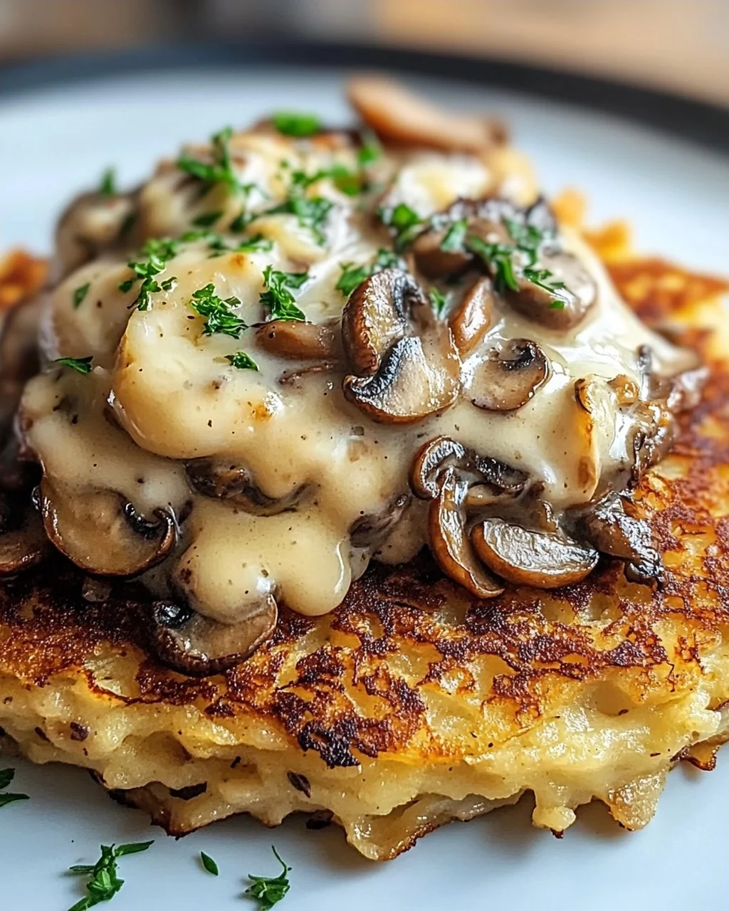 Mozzarella Rösti mit Zwiebel-Pilzrahmsoße