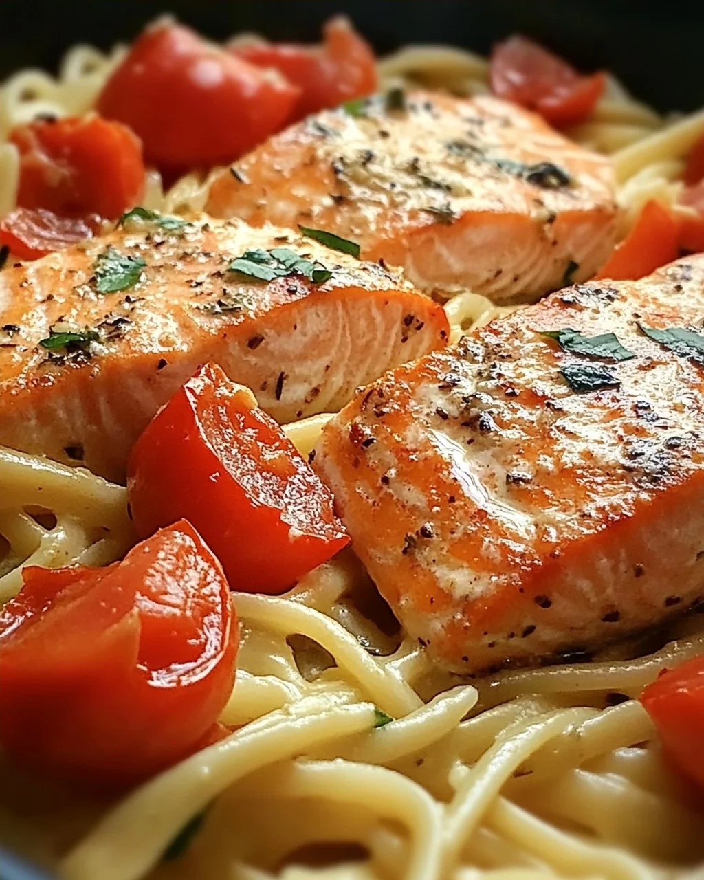 Ofen-Lachs-Pasta mit Tomaten