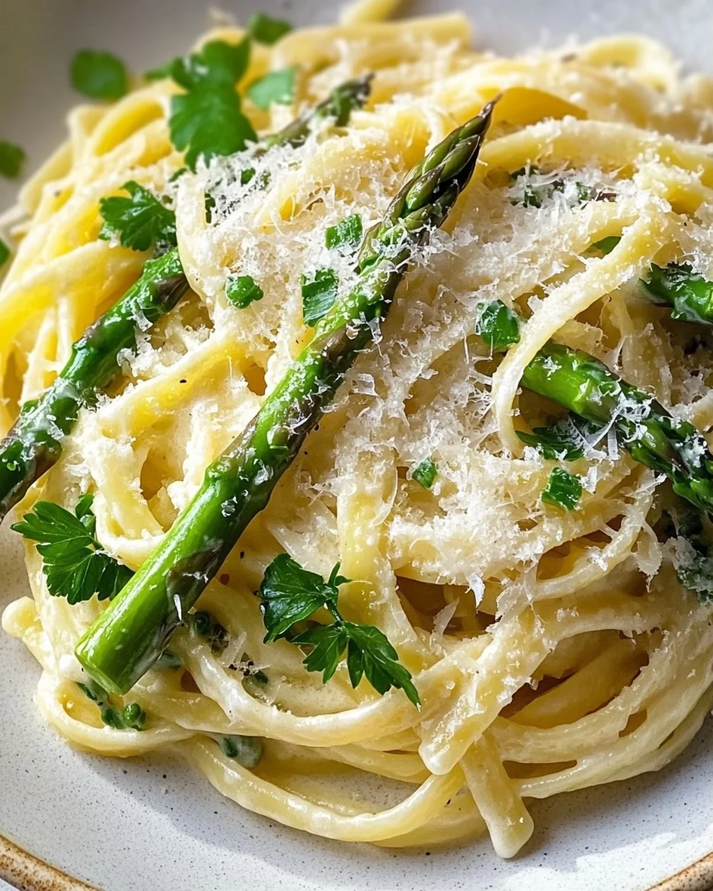 Pasta with Green Asparagus in Lemon Cream and Parmesan