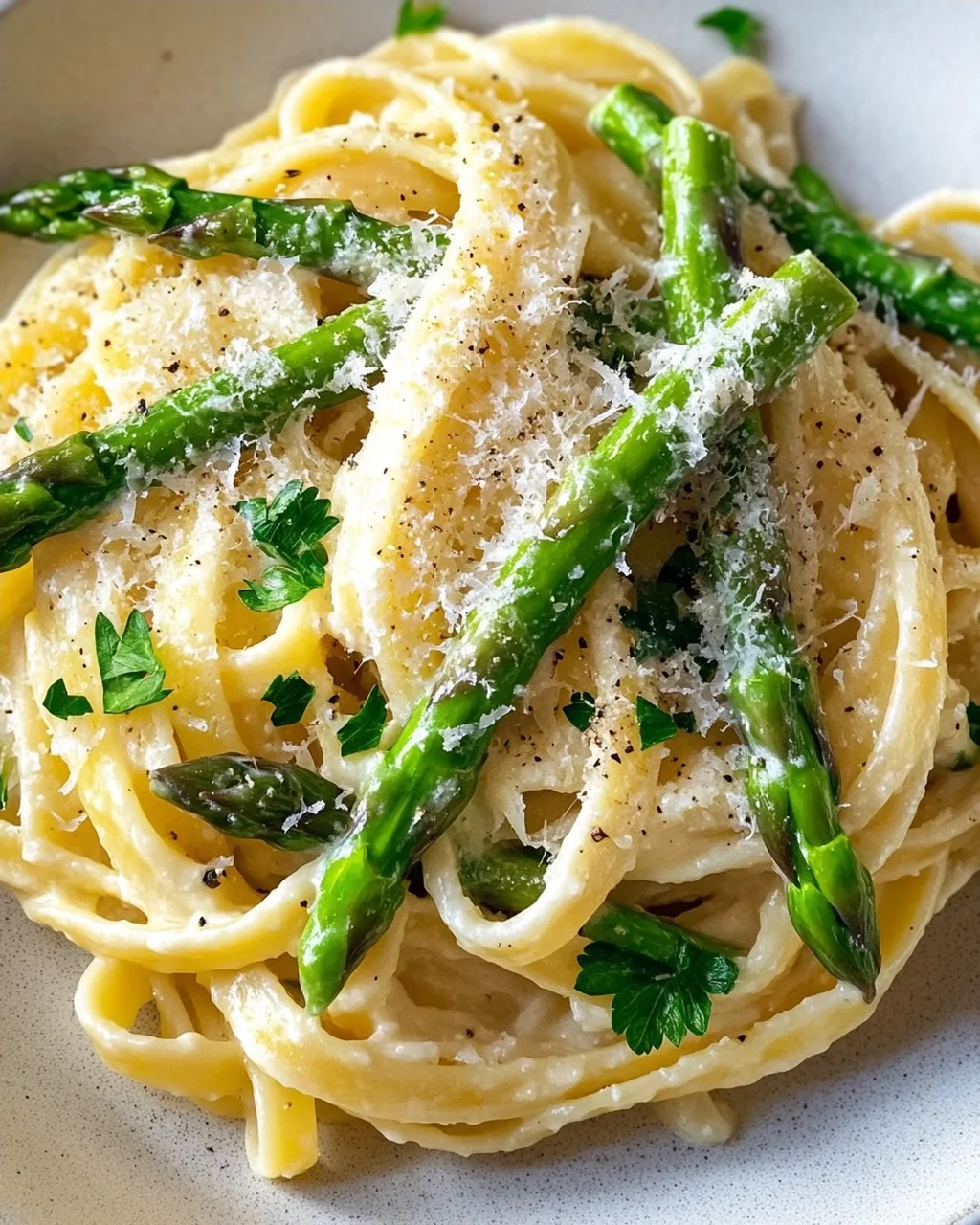 Pasta with Green Asparagus in Lemon Cream and Parmesan