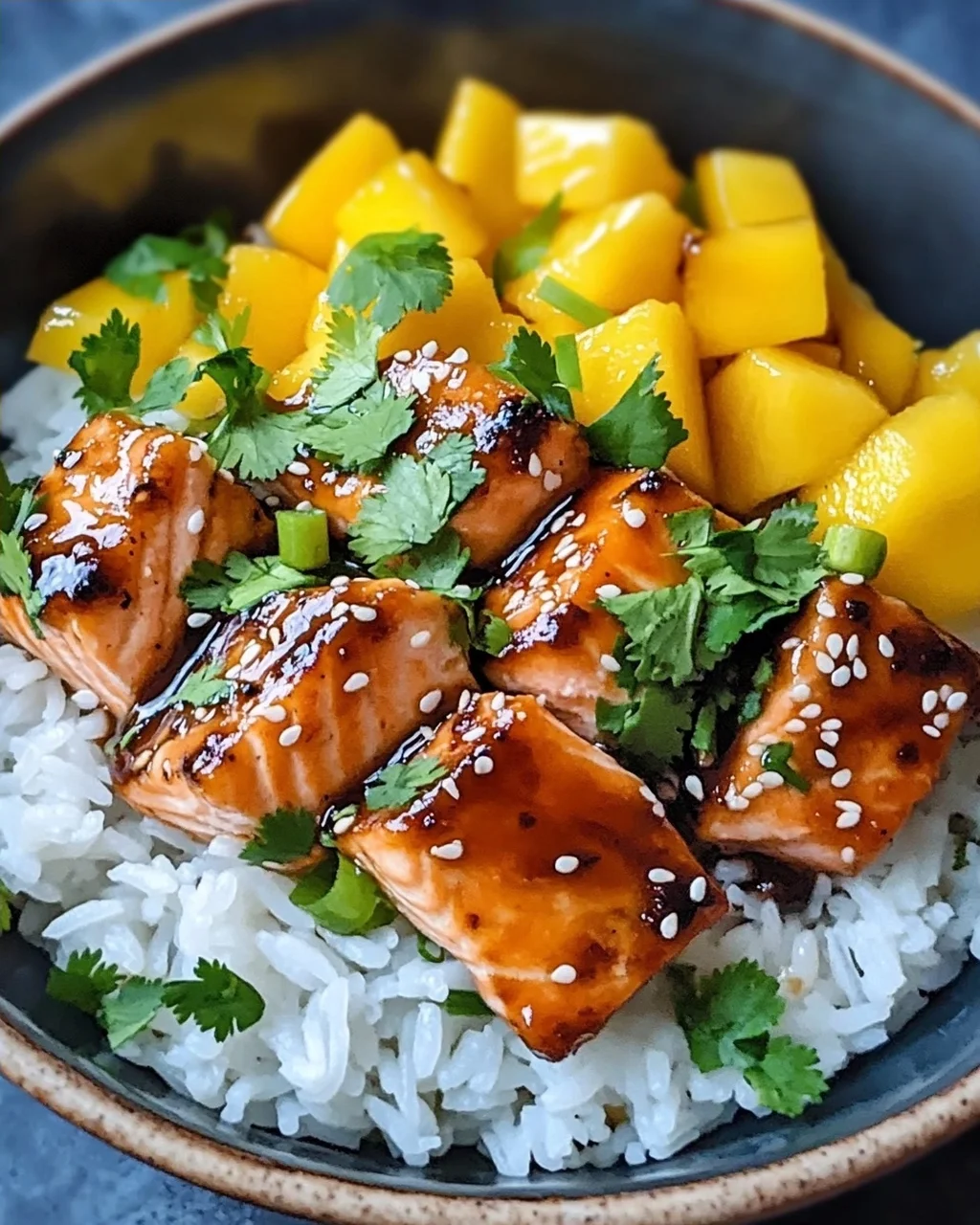Teriyaki Lachs Reisschüssel mit Mango
