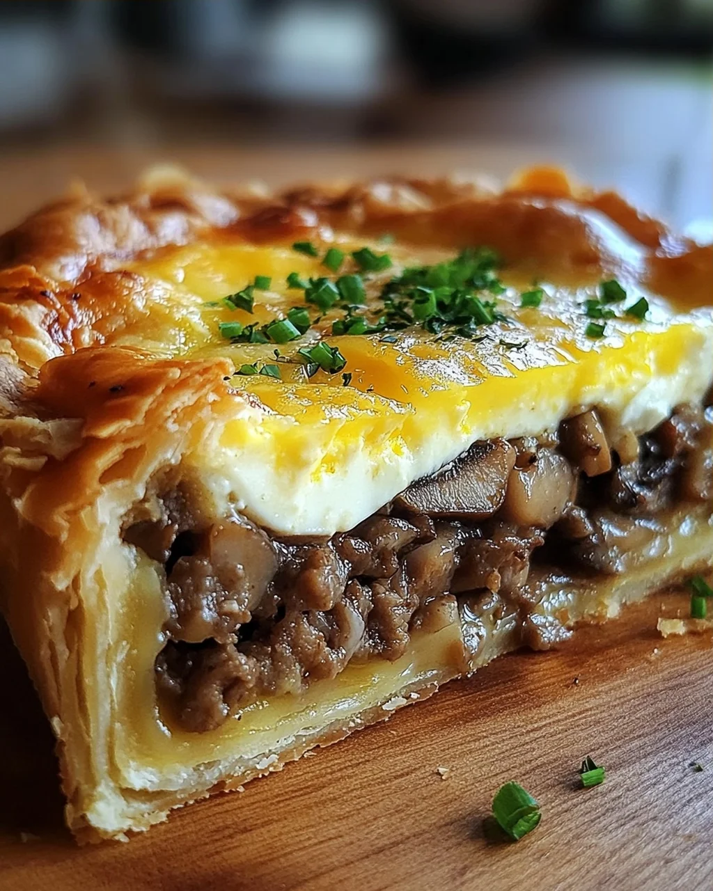 Torte mit Pilzen, Hackfleisch und Käse