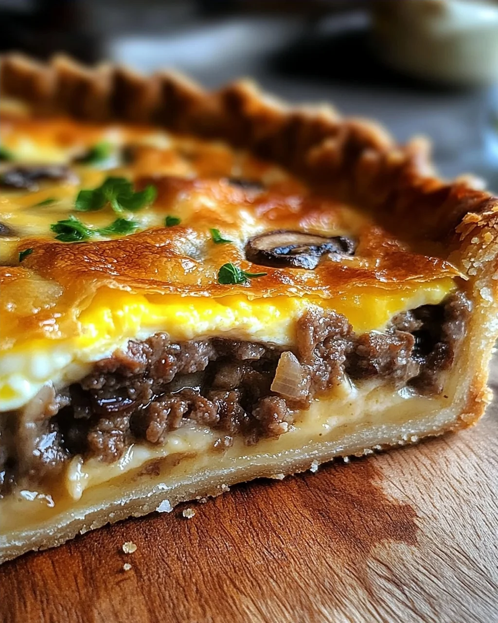 Torte mit Pilzen, Hackfleisch und Käse