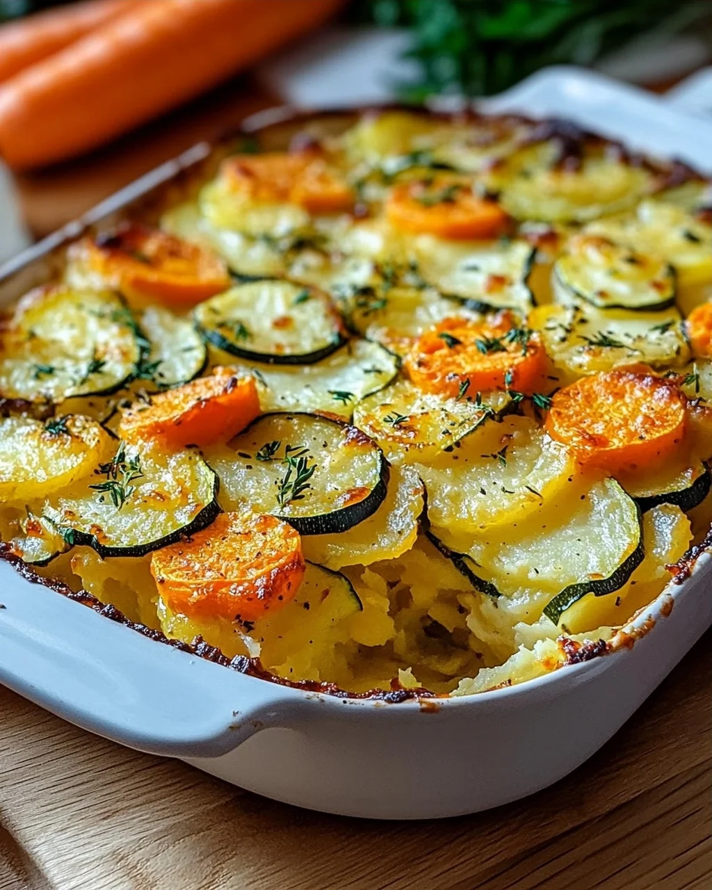 Vegetarischer Kartoffelauflauf mit Zucchini, Karotten und Zwiebeln