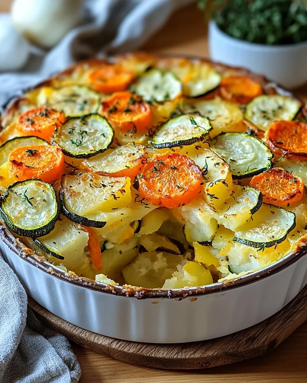 Vegetarischer Kartoffelauflauf mit Zucchini, Karotten und Zwiebeln