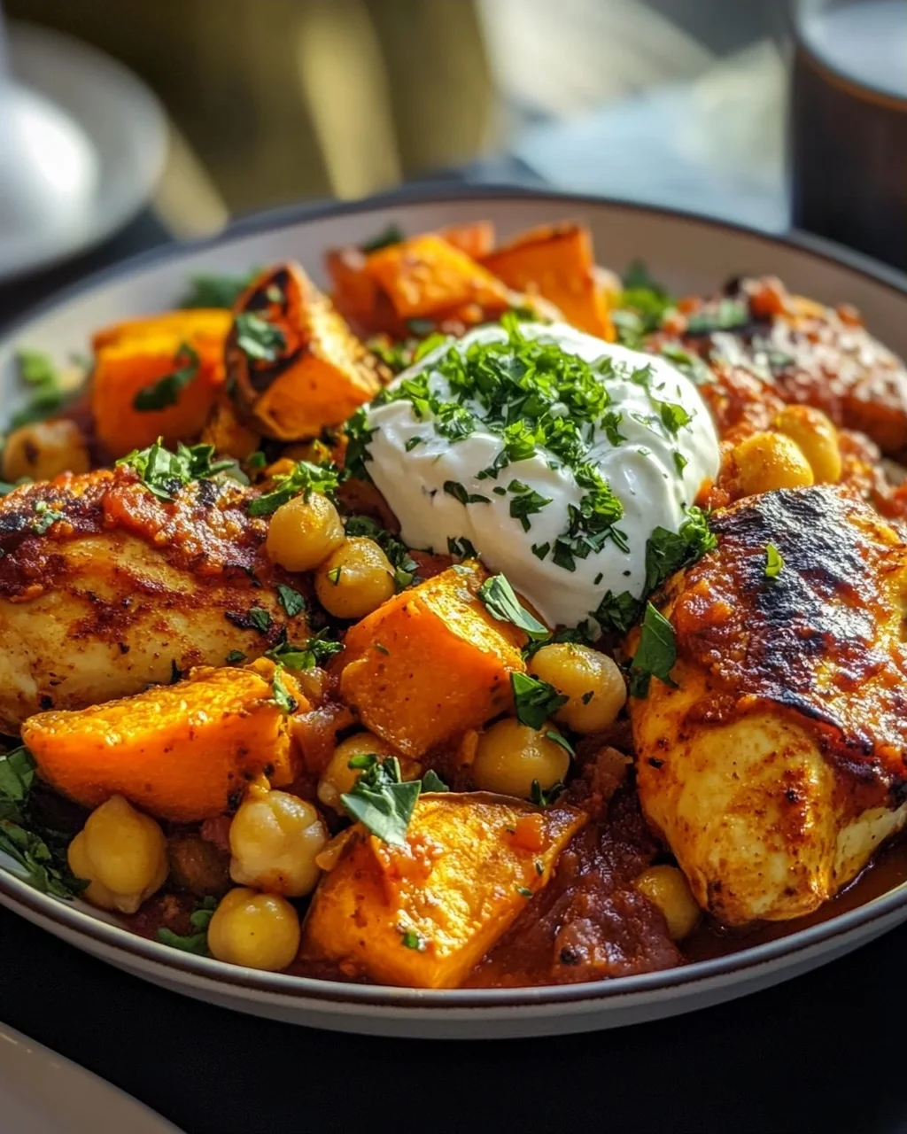 Würziges Ofen-Harissa Hähnchen mit Süßkartoffel, Kichererbsen und Knoblauchjoghurt
