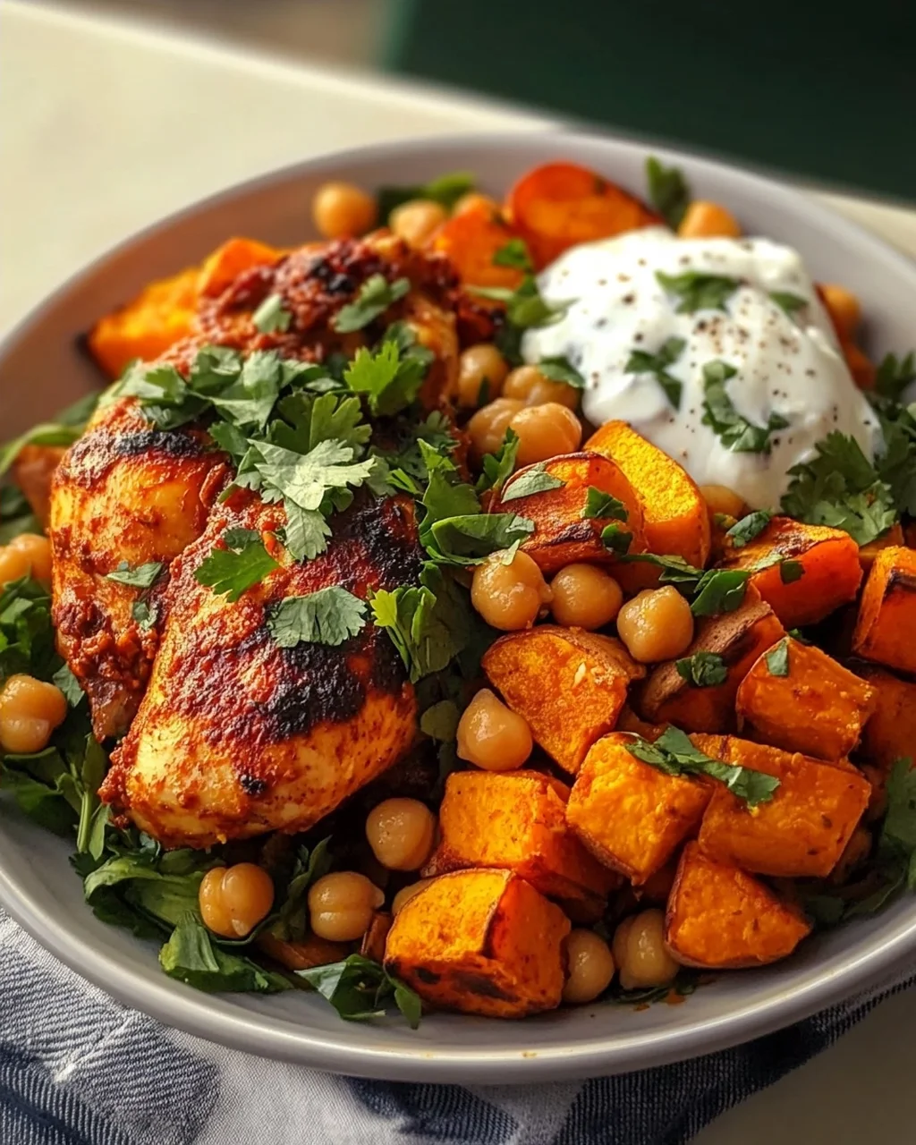 Würziges Ofen-Harissa Hähnchen mit Süßkartoffel, Kichererbsen und Knoblauchjoghurt