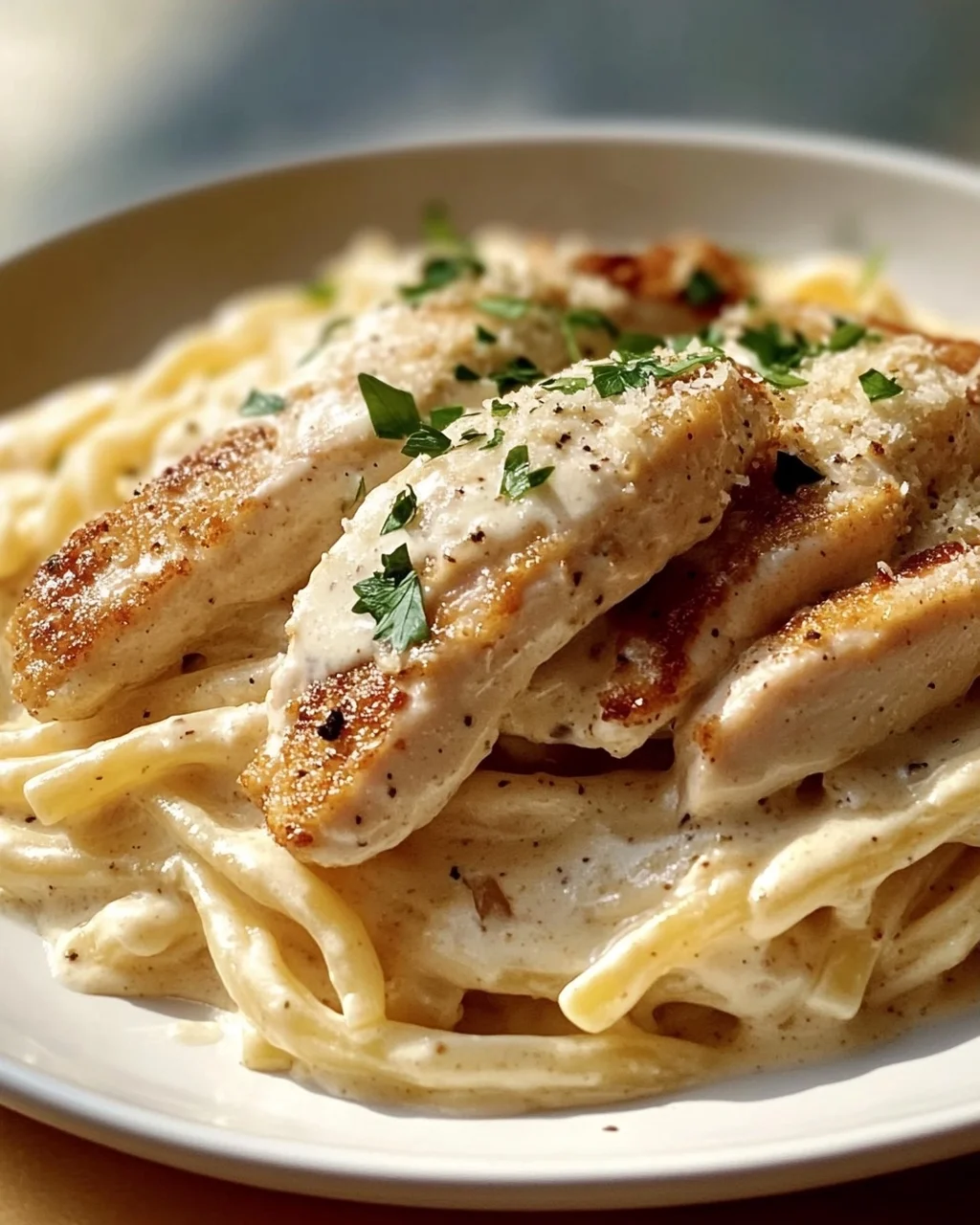 Zarte Hähnchenstreifen mit cremigen Nudeln in Sahnesauce