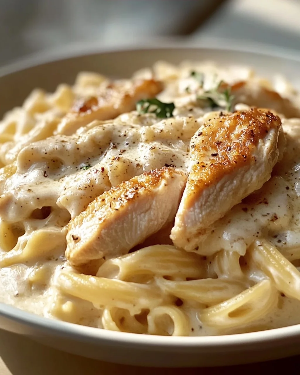 Zarte Hähnchenstreifen mit cremigen Nudeln in Sahnesauce